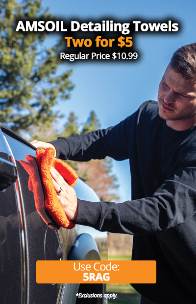 AMSOIL detailing towels two for $5. Regular price $10.99. Use Code: 5RAG. Order now. *Exclusions apply.